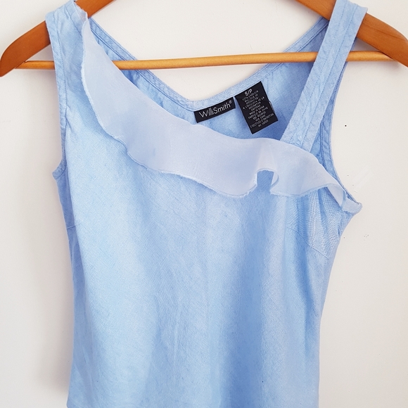 ๐ทSm. WILLI SMITH Blue Linen Ruffle Tank Top - Picture 3 of 6